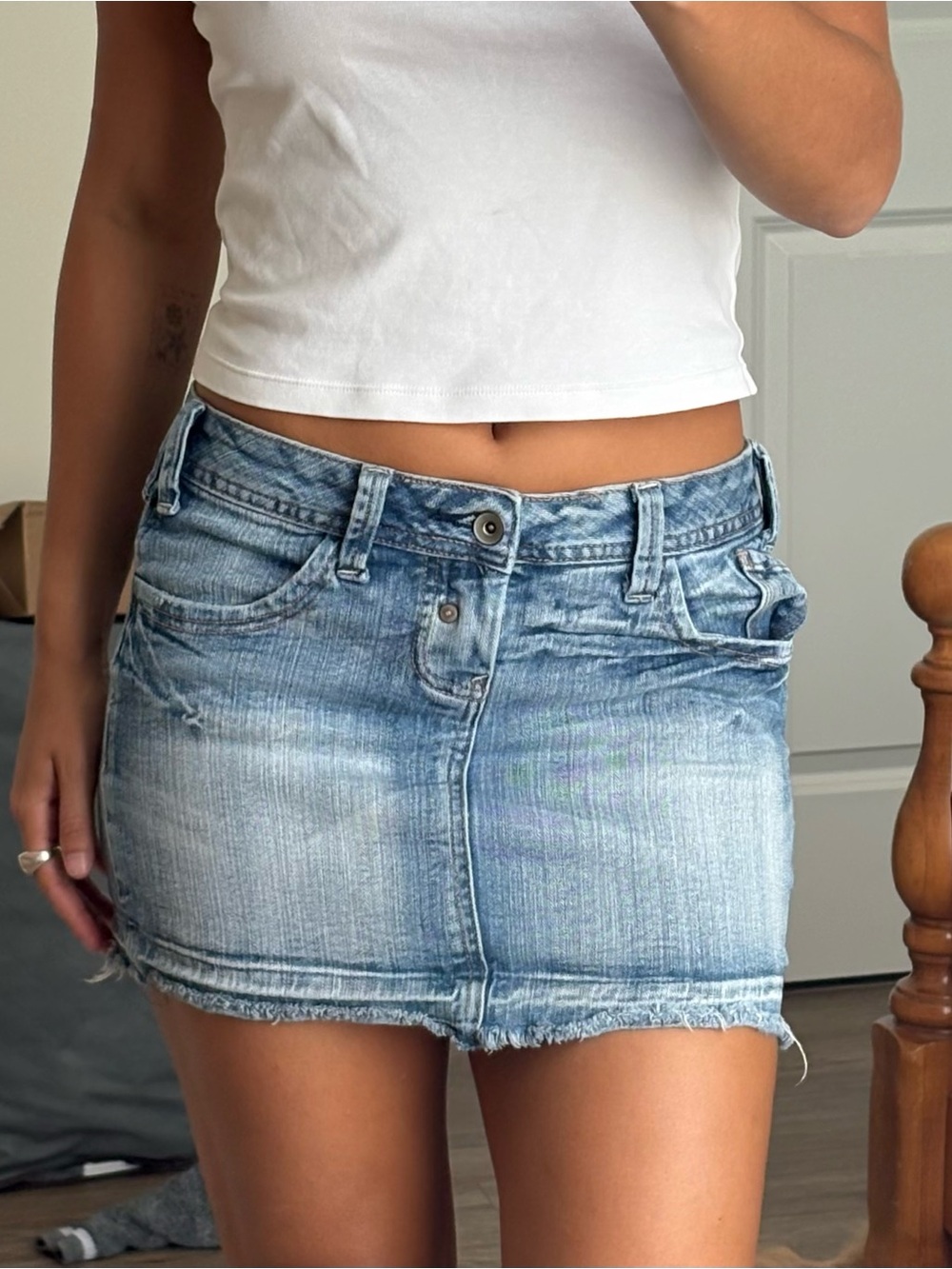 No Boundaries Light Blue Denim Mini Skirt with Frayed Hem
